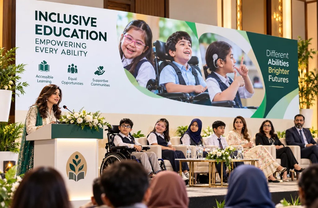 Speaker at a podium and students seated on stage at an inclusive education seminar, under a banner reading Inclusive Education, Empowering Every Ability