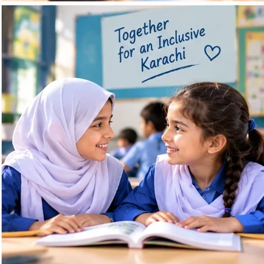 Two girls smiling at each other over an open book
