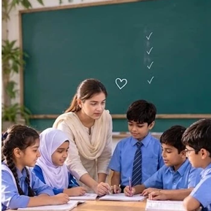 A teacher and students working together beneath a classroom chalkboard