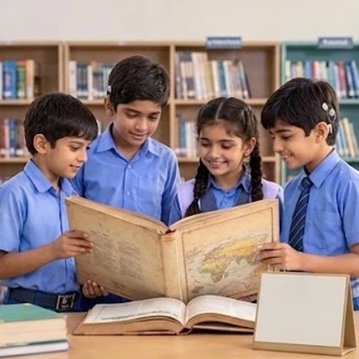 Four classmates exploring a large atlas together in a library
