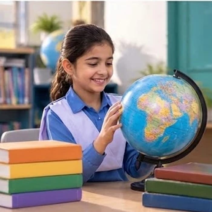 A smiling girl exploring a globe at her desk
