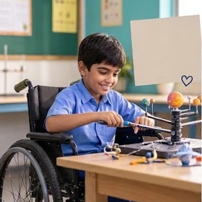 A boy in a wheelchair building a solar system model at his desk