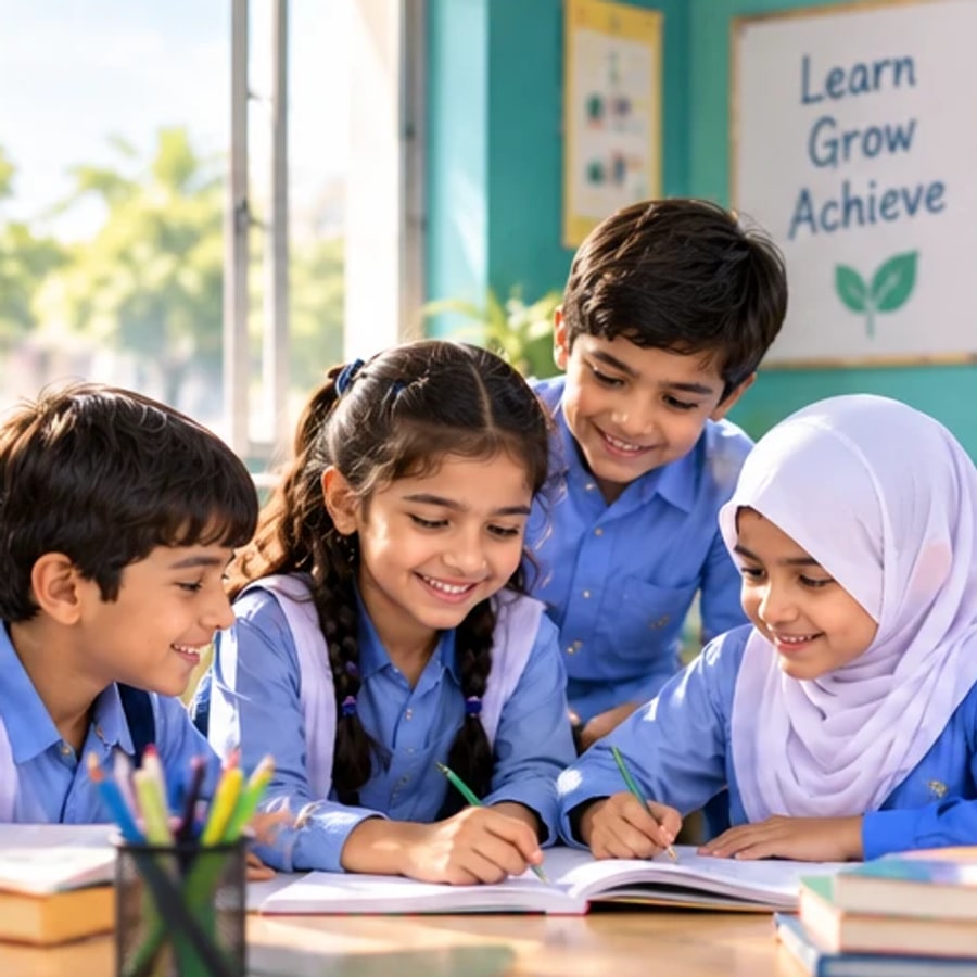 Four smiling children learning together around a classroom desk