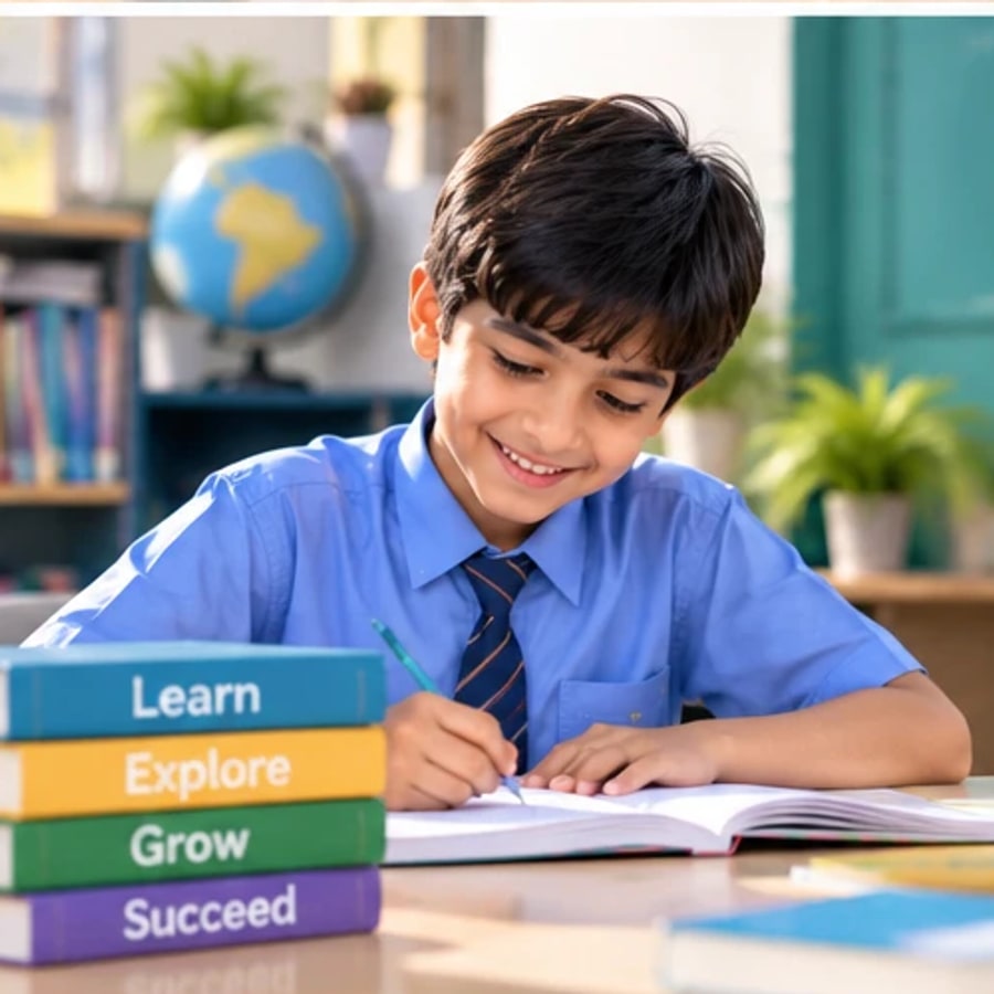 A smiling schoolboy writing at his desk beside a stack of books
