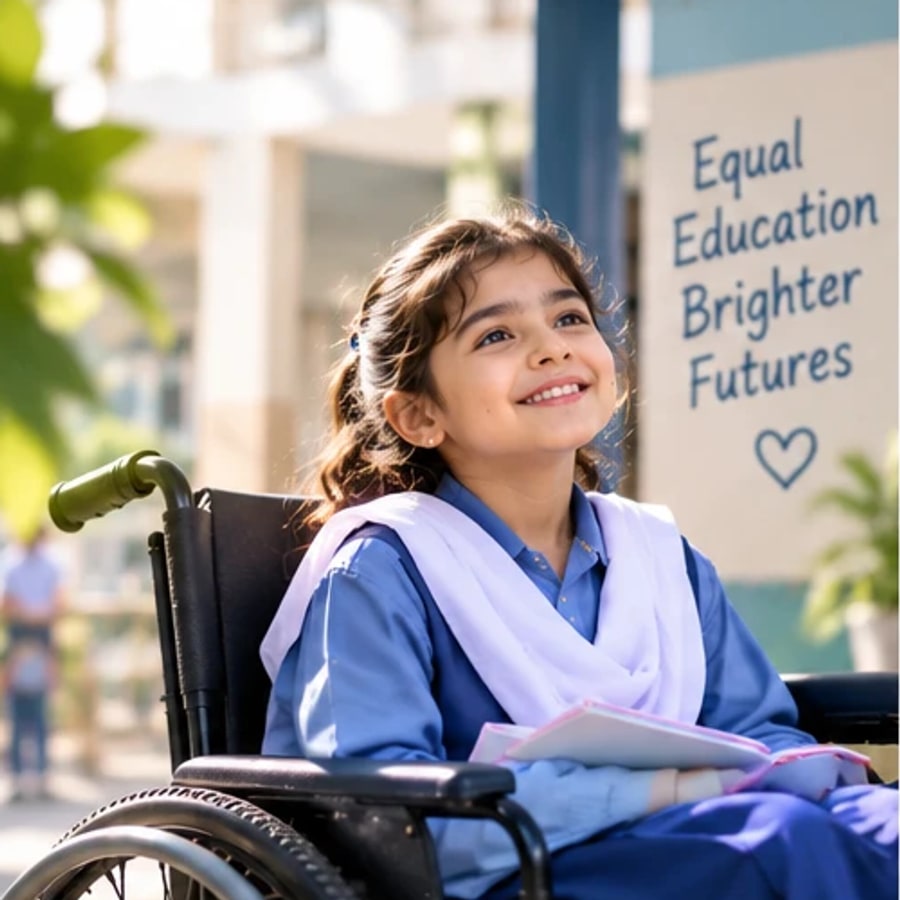 A smiling girl in a wheelchair holding her notebook outside her school