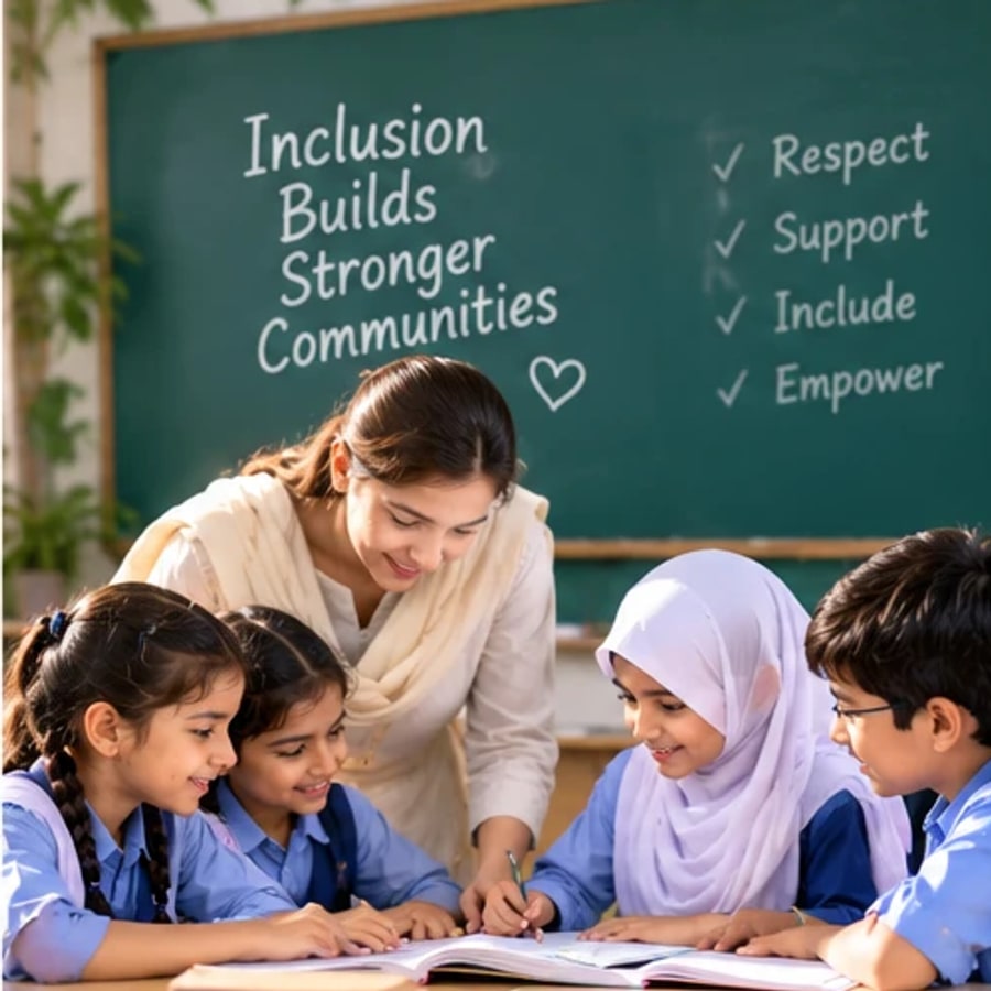 A teacher guiding students at a chalkboard in an inclusive classroom