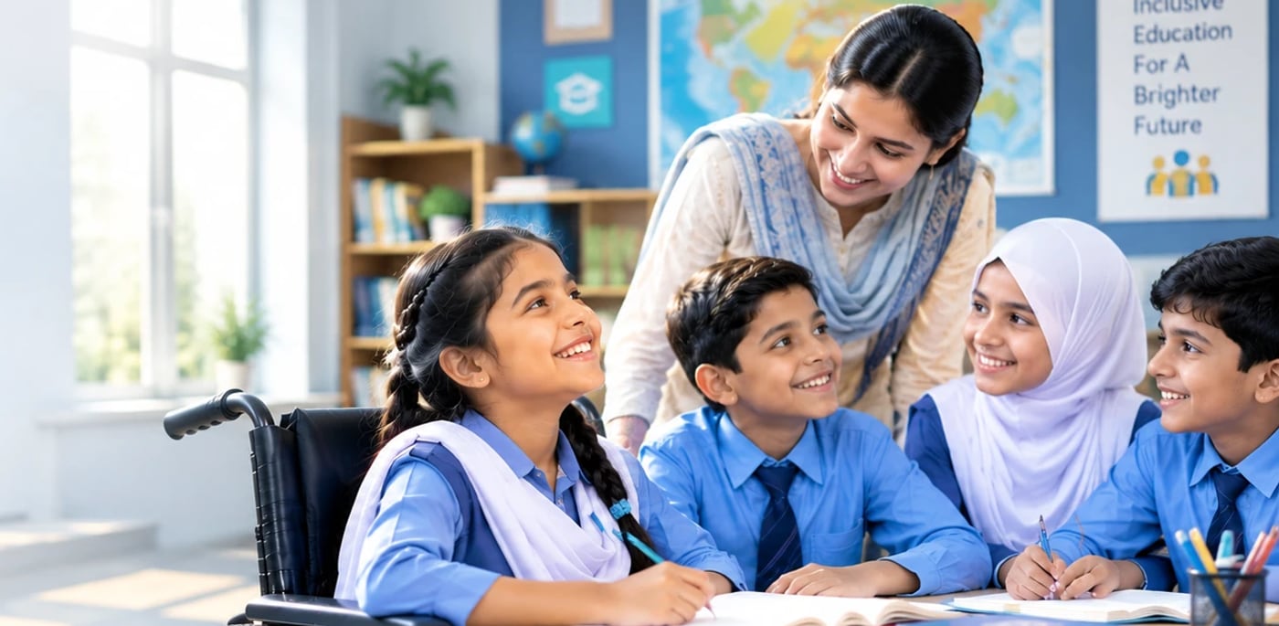 A teacher and four children, one in a wheelchair, smiling together over their books in a bright classroom