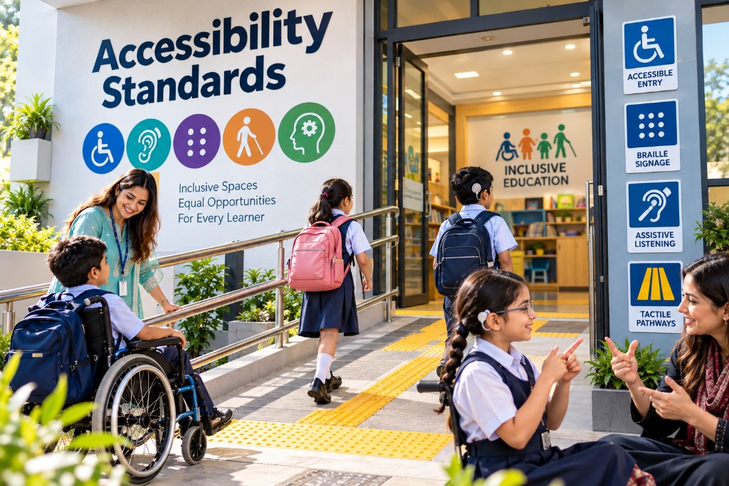 Students arrive at a school entrance with a ramp, tactile paths and accessibility signs while a teacher greets a student in a wheelchair