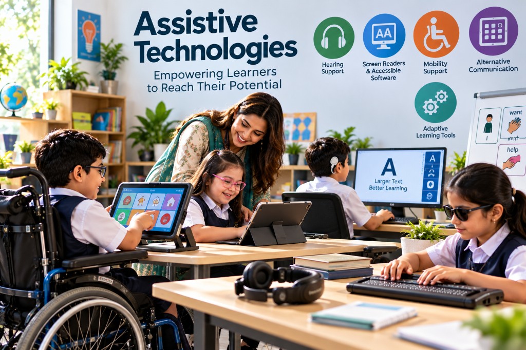 Students in a classroom using tablets, a braille keyboard and screen software with a teacher helping, under a wall titled Assistive Technologies