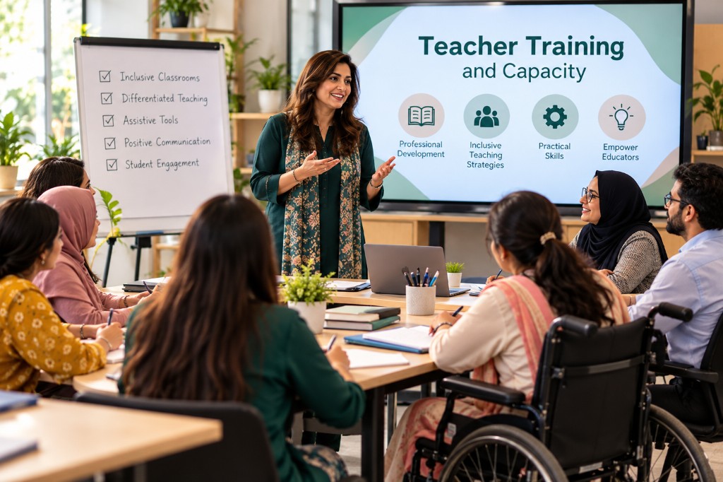 A trainer presents to a group of teachers, one using a wheelchair, in front of a screen titled Teacher Training and Capacity