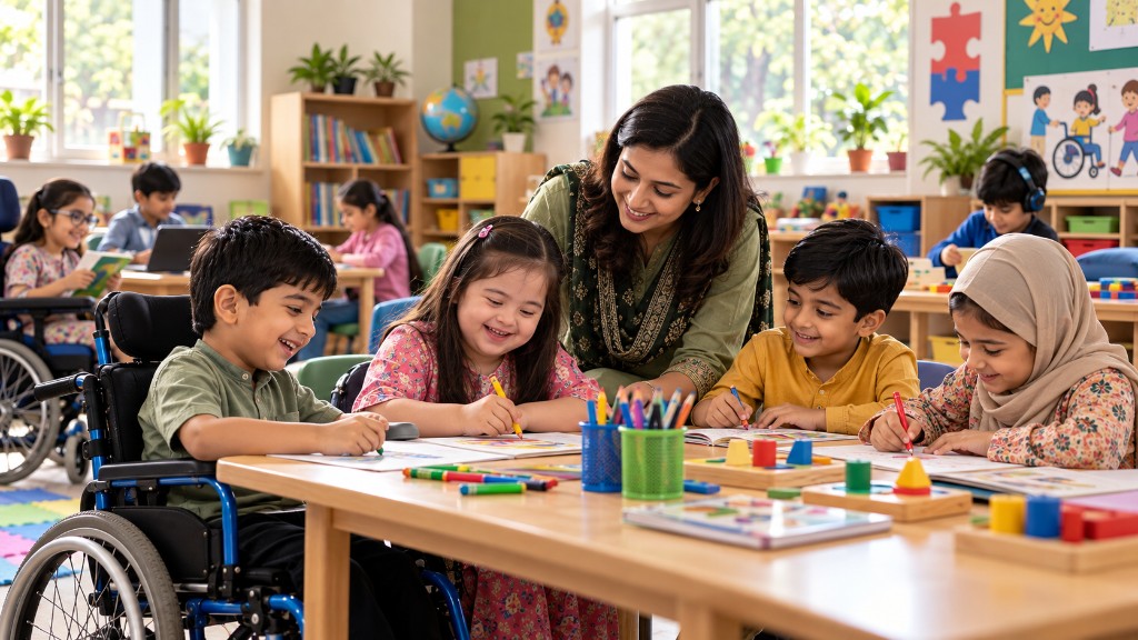 Children of different abilities drawing together with a teacher in an inclusive classroom
