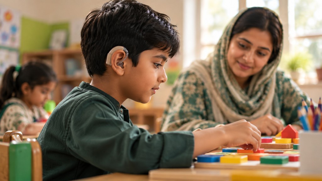 A boy wearing a hearing aid using colourful learning blocks with a teacher