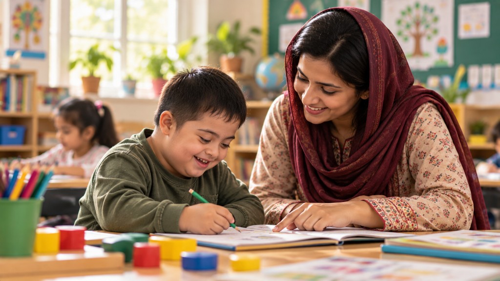 A teacher helping a young student write in a notebook