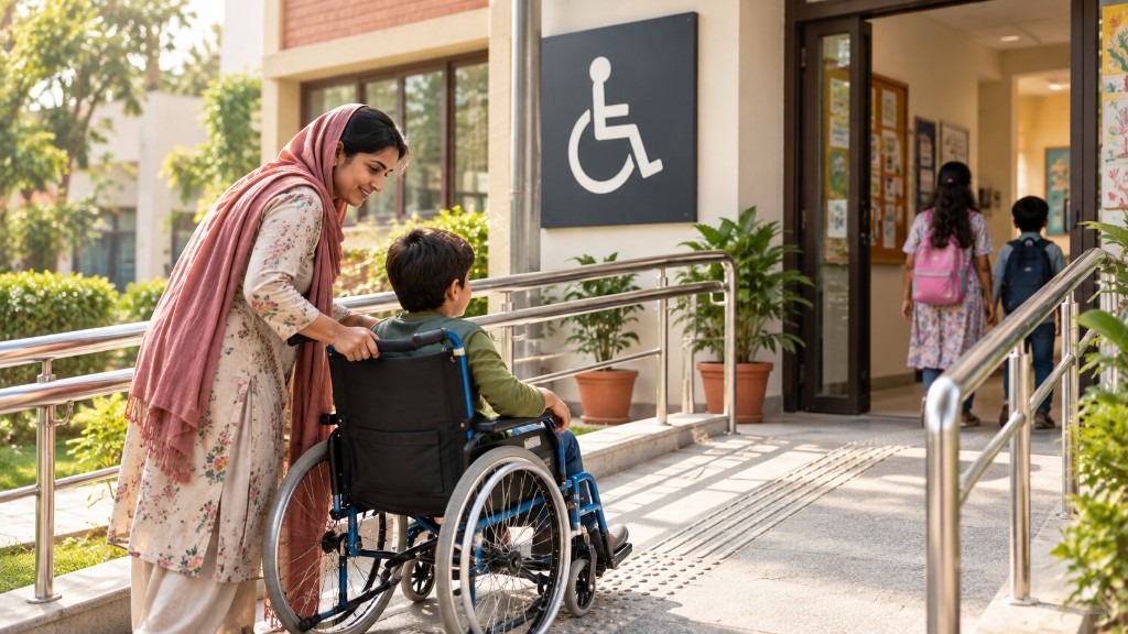 A parent helping a child in a wheelchair up a school ramp