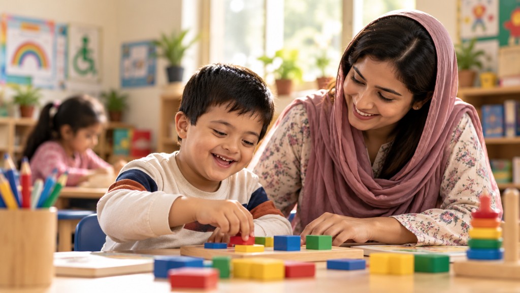 A smiling boy playing with colourful building blocks beside a teacher