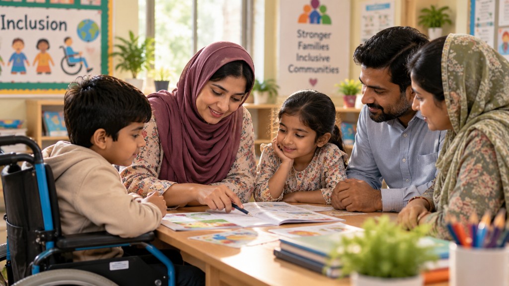 Parents, a teacher and children sitting together around a classroom table