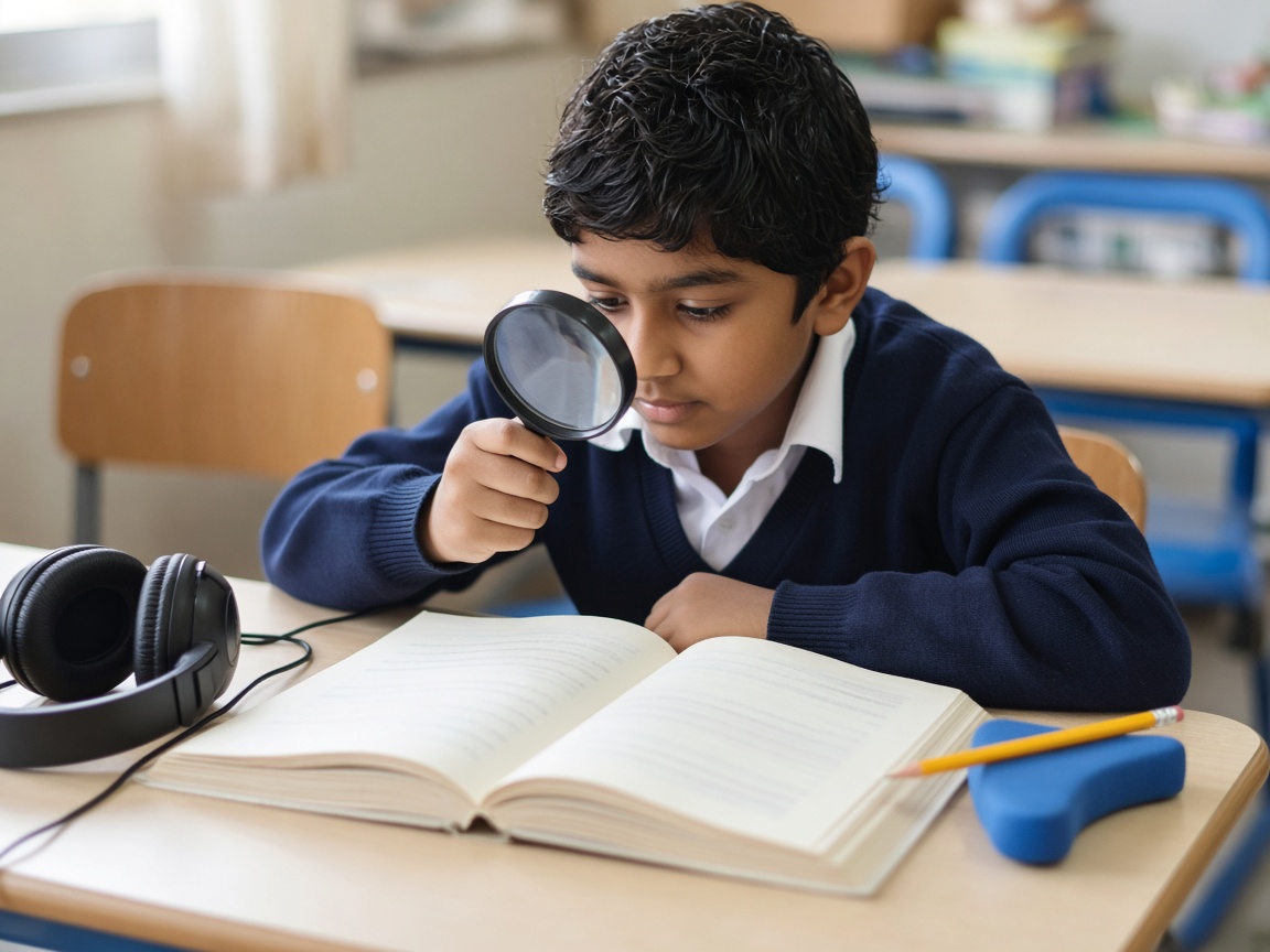 Child using assistive reading tools at a desk