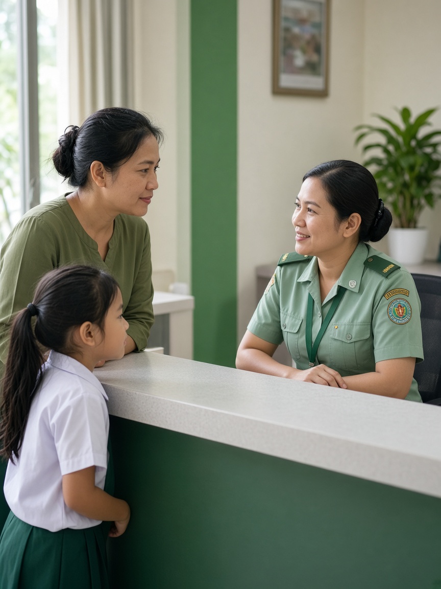 Parent and child speaking with a school officer at a helpdesk